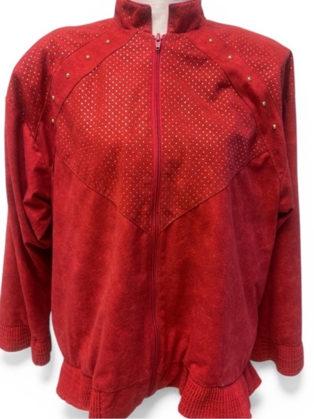 Vintage 1980’s Red faux suede Bomber Jacket gold stud grommets